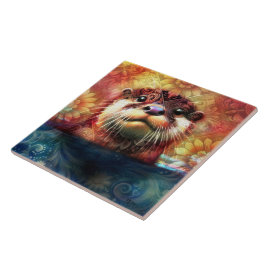 Otter Abstract Bloemen Blauwgroen Sinaasappel Rood Tegeltje