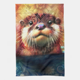 Otter Abstract Bloemen Blauwgroen Sinaasappel Rood Theedoek