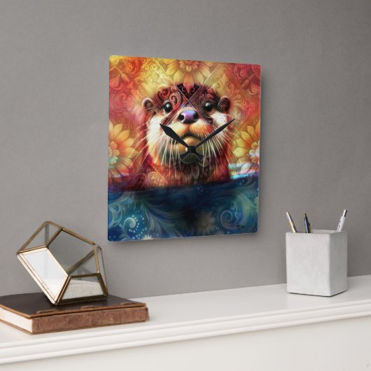 Otter Abstract Bloemen Blauwgroen Sinaasappel Rood Vierkante Klok (Kantoor)