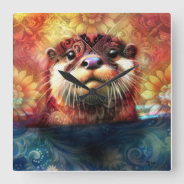 Otter Abstract Bloemen Blauwgroen Sinaasappel Rood Vierkante Klok