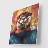 Otter Abstract Bloemen Blauwgroen Sinaasappel Rood Vierkante Klok (Hoek)