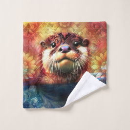 Otter Abstract Bloemen Blauwgroen Sinaasappel Rood Washandje