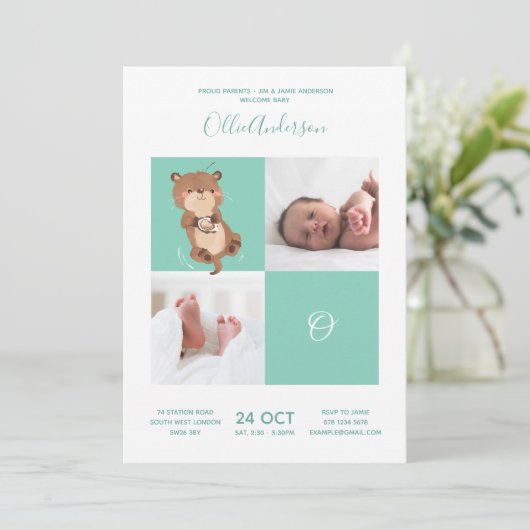 Otter: Alphabet Monogram Cute Baby shower Kaart (Staand voorkant)