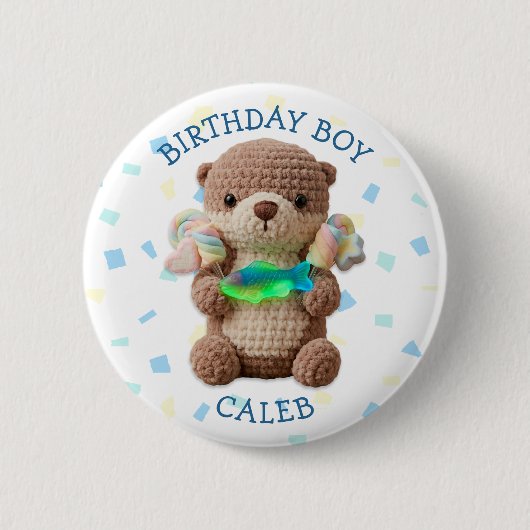 Otter & Candy Thema Verjaardagsjongen Gepersonalis Ronde Button 5,7 Cm (Voorkant)