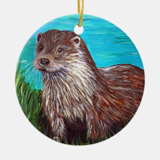 Otter door een rivierschilderij keramisch ornament (Voorkant)
