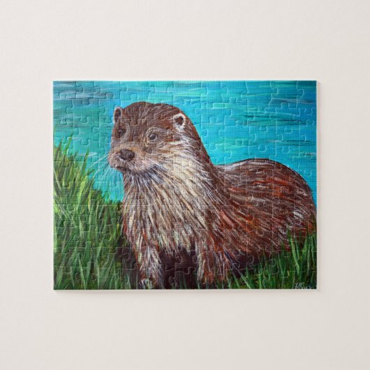 Otter door een rivierschilderij legpuzzel (Horizontaal)