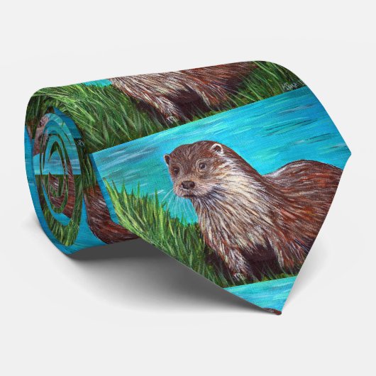 Otter door een rivierschilderij stropdas (Opgerold)