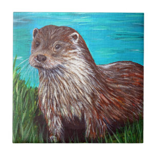 Otter door een rivierschilderij tegeltje