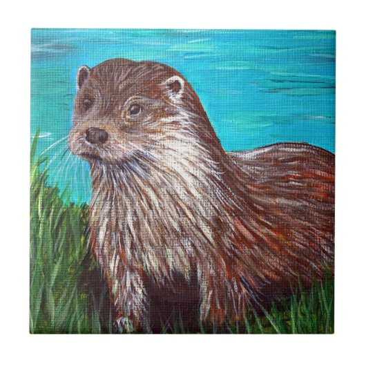 Otter door een rivierschilderij tegeltje (Voorkant)