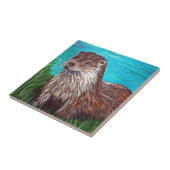 Otter door een rivierschilderij tegeltje (Zijkant)
