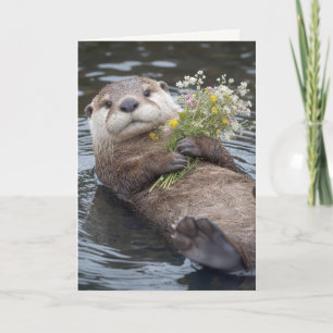 Otter Drijvend met Boeket Wilde Bloemen Kaart