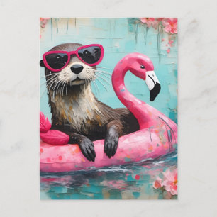Otter drijvend op een roze flamingo grappige colla briefkaart
