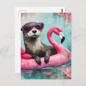 Otter drijvend op een roze flamingo grappige colla briefkaart (Voorkant / Achterkant)
