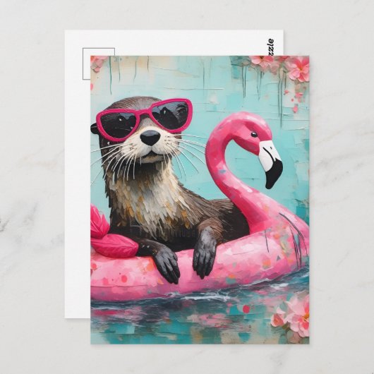 Otter drijvend op een roze flamingo grappige colla briefkaart (Voorkant / Achterkant)
