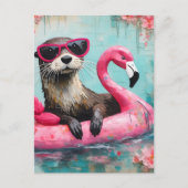 Otter drijvend op een roze flamingo grappige colla briefkaart (Voorkant)