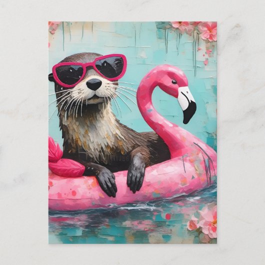 Otter drijvend op een roze flamingo grappige colla briefkaart (Voorkant)