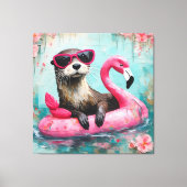 Otter drijvend op een roze flamingo grappige colla canvas afdruk (Voorkant)