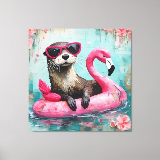 Otter drijvend op een roze flamingo grappige colla canvas afdruk (Voorkant)