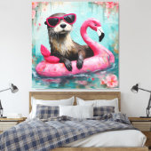 Otter drijvend op een roze flamingo grappige colla canvas afdruk (Insitu (Slaapkamer))