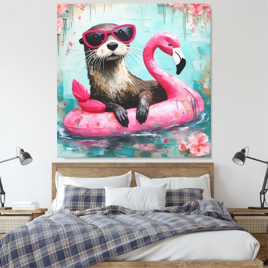 Otter drijvend op een roze flamingo grappige colla canvas afdruk (Insitu (Slaapkamer))