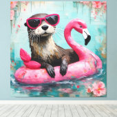 Otter drijvend op een roze flamingo grappige colla canvas afdruk (Insitu (Houten vloer))