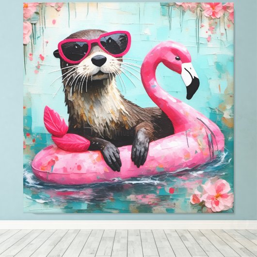 Otter drijvend op een roze flamingo grappige colla canvas afdruk (Insitu (Houten vloer))