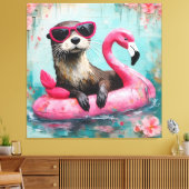 Otter drijvend op een roze flamingo grappige colla canvas afdruk (Insitu (Woonkamer))