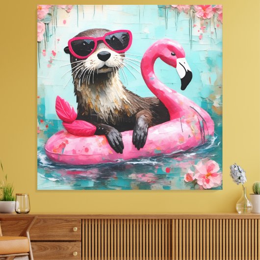Otter drijvend op een roze flamingo grappige colla canvas afdruk (Insitu (Woonkamer))
