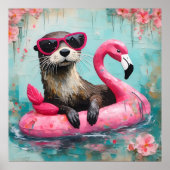 Otter drijvend op een roze flamingo grappige colla poster (Voorkant)