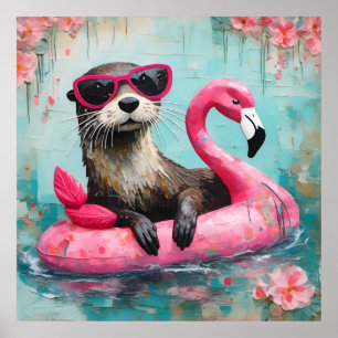 Otter drijvend op een roze flamingo grappige colla poster