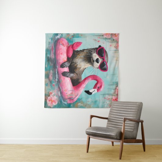 Otter drijvend op een roze flamingo grappige colla wandkleed (In Situ (horizontaal))