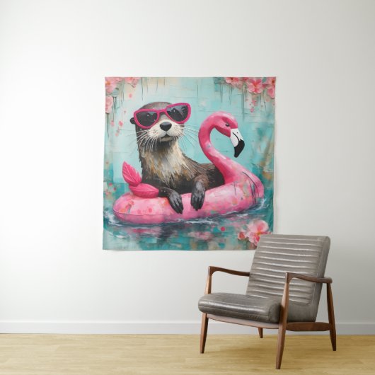 Otter drijvend op een roze flamingo grappige colla wandkleed (In situ)