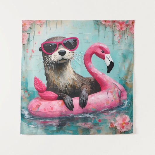 Otter drijvend op een roze flamingo grappige colla wandkleed (Voorkant)