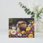 Otter en kleurrijke Wildflowers Spring Briefkaart (Staand voorkant)