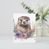 Otter en paarse bloemen briefkaart (Staand voorkant)