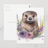 Otter en paarse bloemen briefkaart (Voorkant / Achterkant)