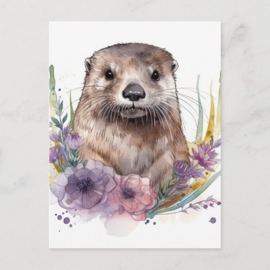 Otter en paarse bloemen briefkaart (Voorkant)