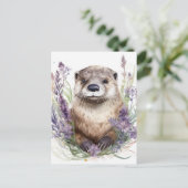 Otter en paarse bloemen Waterverf Briefkaart (Staand voorkant)
