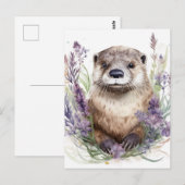 Otter en paarse bloemen Waterverf Briefkaart (Voorkant / Achterkant)