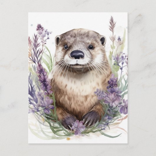 Otter en paarse bloemen Waterverf Briefkaart (Voorkant)