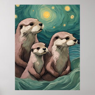 Otter Familie in een Sterrennacht Oceaan Poster