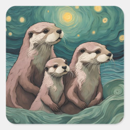 Otter Familie in een Sterrennacht Oceaan Vierkante Sticker