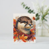 Otter Grump In Autumn Watercolor Briefkaart (Staand voorkant)