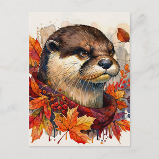 Otter Grump In Autumn Watercolor Briefkaart
