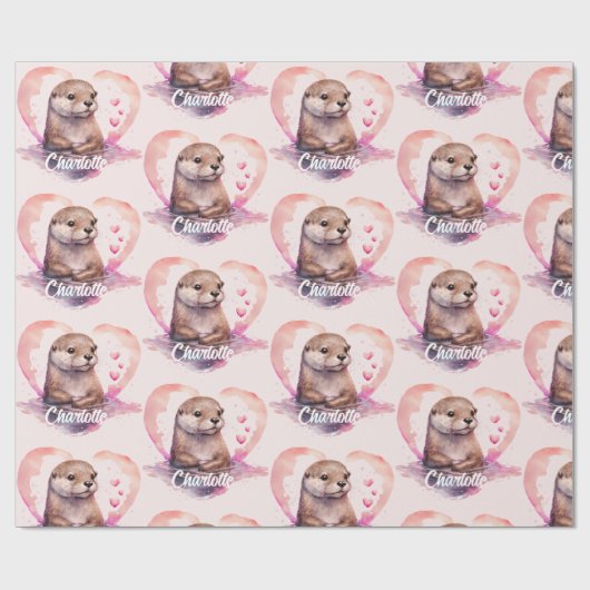 Otter Heart Waterverf Naam toevoegen Cadeaupapier (Vlak)