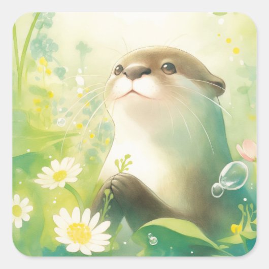 Otter Holding Flower in Green Daisy and Lily Pad Vierkante Sticker (Voorkant)