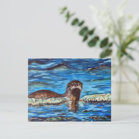 Otter in de golven die schilderen briefkaart (Staand voorkant)