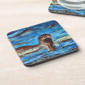 Otter in de golven Schilderij Bier Onderzetter (Linkerzijde)