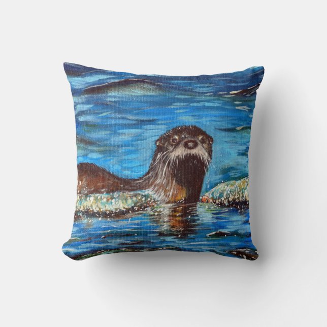 Otter in de golven Schilderij Kussen (Voorkant)