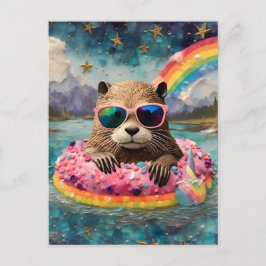 Otter in een donut op een floattrip briefkaart